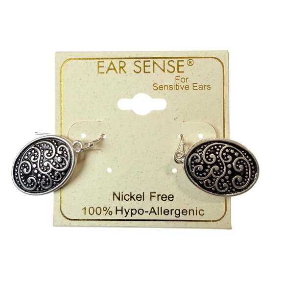 Y2K Silver Black Textured Filigree Dangle Earrings Hypoallergenic Nickel Free - Picture 7 of 8